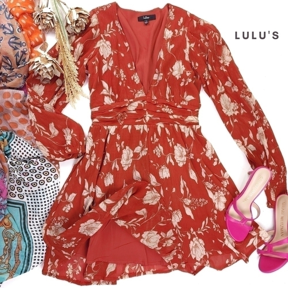Lulu's Rust Beige Floral Tan Dress Sz S - Picture 1 of 13